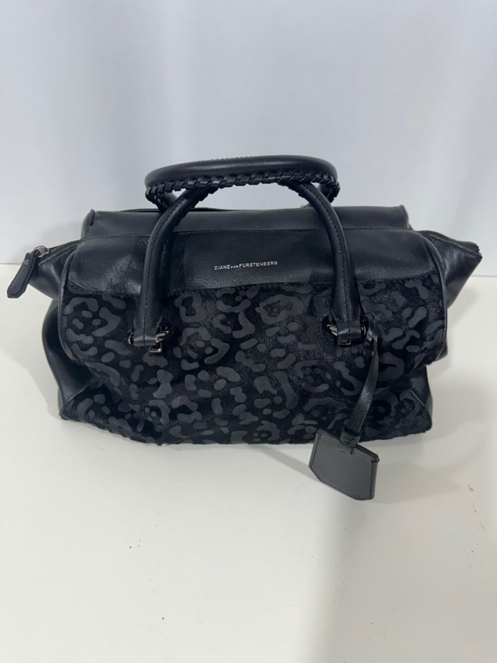 Diane von Furstenberg Drew Black Leopard Haircalf Leather Satchel Bag DVF Purse